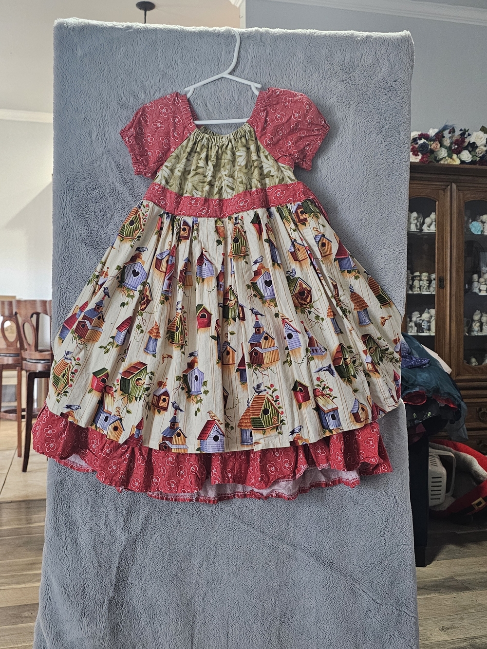 Girls Pink and Cream Birdhouse Print Twirl Dress - Handmade